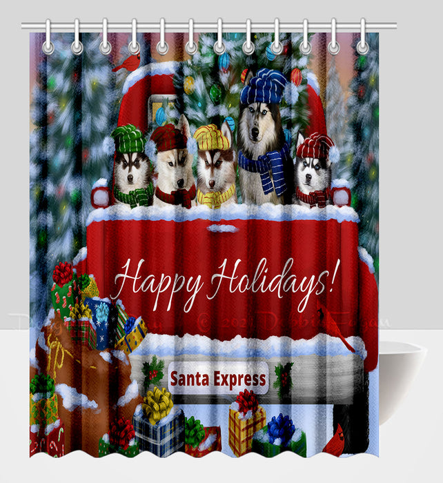 Christmas Red Truck Travlin Home for the Holidays Siberian Husky Dogs Shower Curtain Pet Painting Bathtub Curtain Waterproof Polyester One-Side Printing Decor Bath Tub Curtain for Bathroom with Hooks