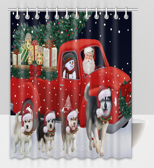 Christmas Express Delivery Red Truck Running Siberian Husky Dogs Shower Curtain Bathroom Accessories Decor Bath Tub Screens