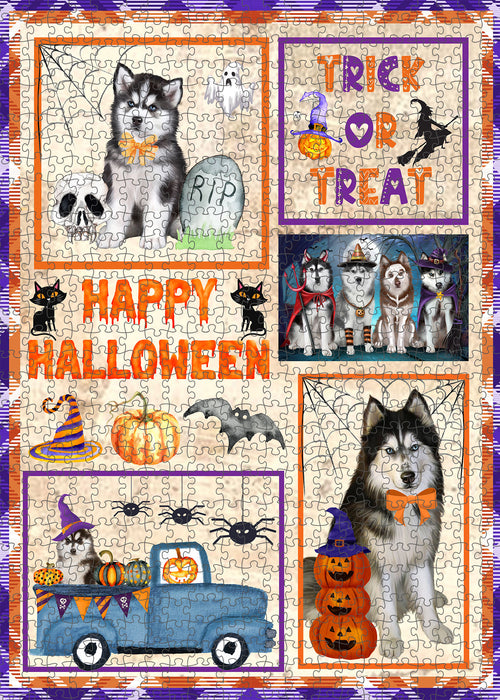 Happy Halloween Trick or Treat Siberian Husky Dogs Portrait Jigsaw Puzzle for Adults Animal Interlocking Puzzle Game Unique Gift for Dog Lover's with Metal Tin Box