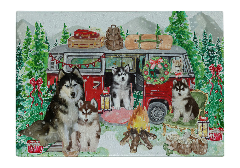 Christmas Time Camping with Siberian Husky Dogs Cutting Board - For Kitchen - Scratch & Stain Resistant - Designed To Stay In Place - Easy To Clean By Hand - Perfect for Chopping Meats, Vegetables