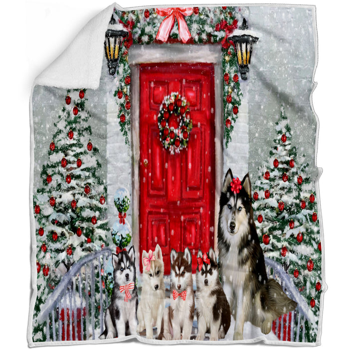 Christmas Holiday Welcome Siberian Husky Dogs Blanket - Lightweight Soft Cozy and Durable Bed Blanket - Animal Theme Fuzzy Blanket for Sofa Couch