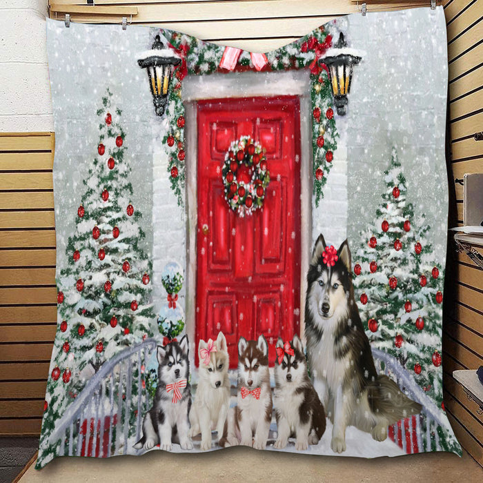 Christmas Holiday Welcome Siberian Husky Dogs  Quilt Bed Coverlet Bedspread - Pets Comforter Unique One-side Animal Printing - Soft Lightweight Durable Washable Polyester Quilt