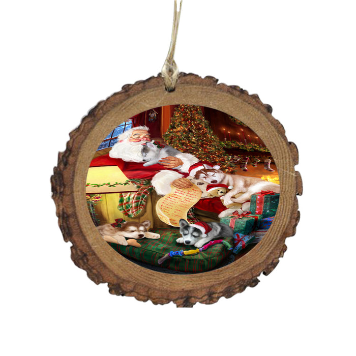 Siberian Huskies Dog and Puppies Sleeping with Santa Wooden Christmas Ornament WOR49321