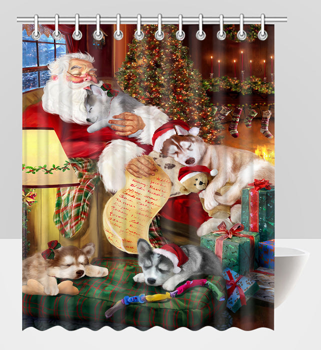 Santa Sleeping with Siberian Husky Dogs Shower Curtain