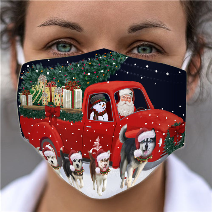 Christmas Express Delivery Red Truck Running Siberian Husky Dogs Face Mask FM49898