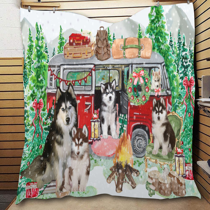 Christmas Time Camping with Siberian Husky Dogs  Quilt Bed Coverlet Bedspread - Pets Comforter Unique One-side Animal Printing - Soft Lightweight Durable Washable Polyester Quilt