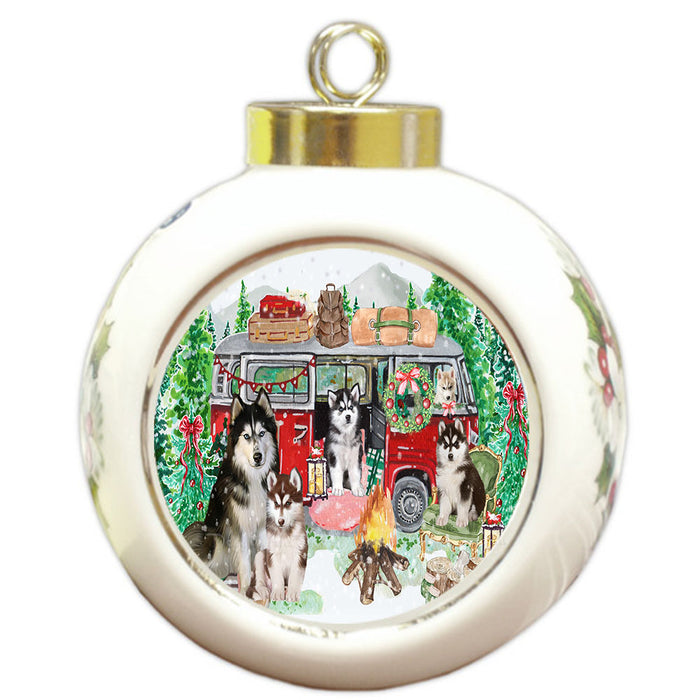 Christmas Time Camping with Siberian Husky Dogs Round Ball Christmas Ornament Pet Decorative Hanging Ornaments for Christmas X-mas Tree Decorations - 3" Round Ceramic Ornament