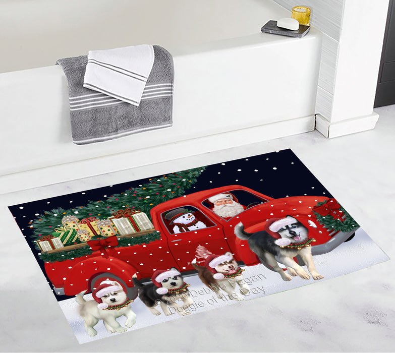 Christmas Express Delivery Red Truck Running Siberian Husky Dogs Bath Mat BRUG53593