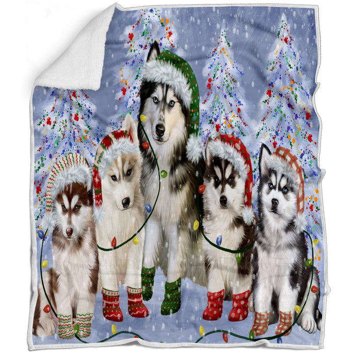 Christmas Lights and Siberian Husky Dogs Blanket - Lightweight Soft Cozy and Durable Bed Blanket - Animal Theme Fuzzy Blanket for Sofa Couch