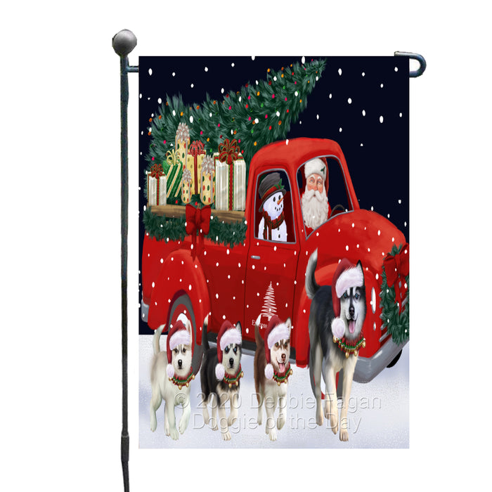 Christmas Express Delivery Red Truck Running Siberian Husky Dogs Garden Flag GFLG66495