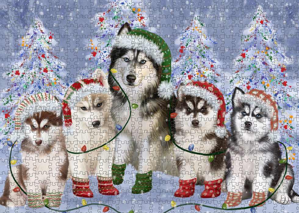Christmas Lights and Siberian Husky Dogs Portrait Jigsaw Puzzle for Adults Animal Interlocking Puzzle Game Unique Gift for Dog Lover's with Metal Tin Box