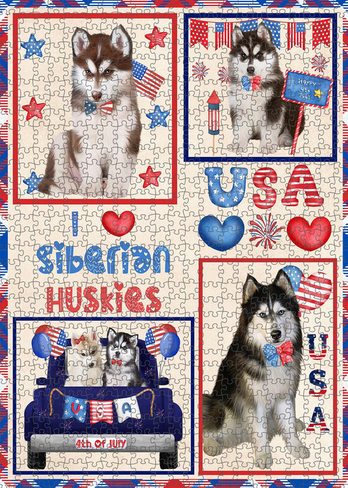 4th of July Independence Day I Love USA Siberian Husky Dogs Portrait Jigsaw Puzzle for Adults Animal Interlocking Puzzle Game Unique Gift for Dog Lover's with Metal Tin Box