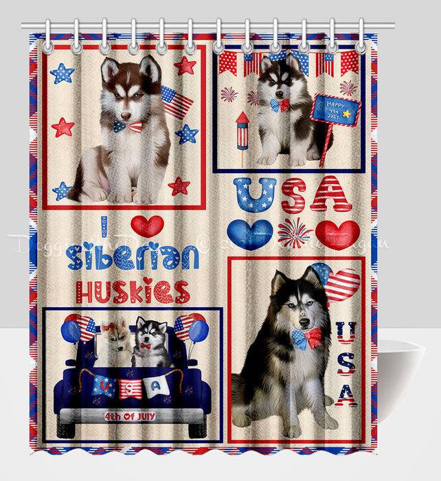 4th of July Independence Day I Love USA Siberian Husky Dogs Shower Curtain Pet Painting Bathtub Curtain Waterproof Polyester One-Side Printing Decor Bath Tub Curtain for Bathroom with Hooks