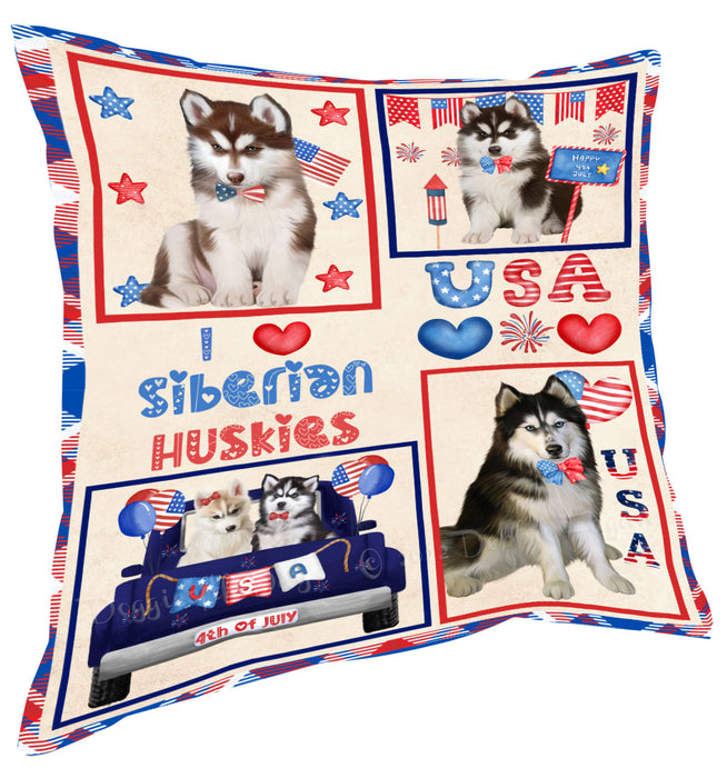 4th of July Independence Day I Love USA Siberian Husky Dogs Pillow with Top Quality High-Resolution Images - Ultra Soft Pet Pillows for Sleeping - Reversible & Comfort - Ideal Gift for Dog Lover - Cushion for Sofa Couch Bed - 100% Polyester