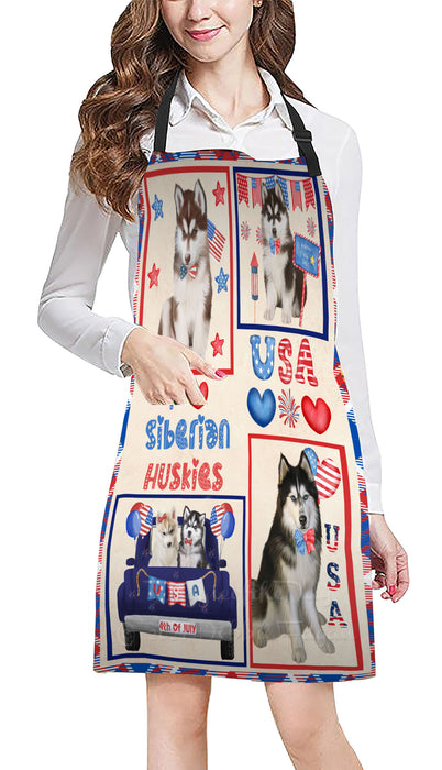 4th of July Independence Day I Love USA Siberian Husky Dogs Apron - Adjustable Long Neck Bib for Adults - Waterproof Polyester Fabric With 2 Pockets - Chef Apron for Cooking, Dish Washing, Gardening, and Pet Grooming