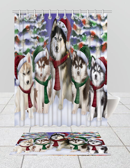 Siberian Husky Dogs Christmas Family Portrait in Holiday Scenic Background  Bath Mat and Shower Curtain Combo