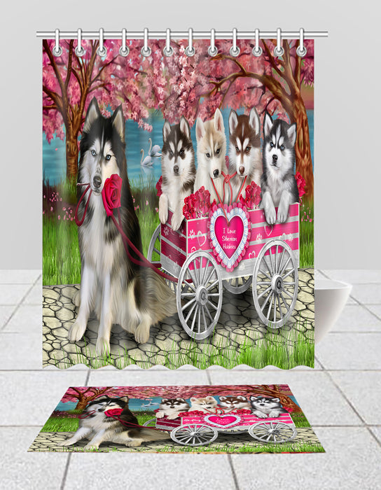 I Love Siberian Husky Dogs in a Cart Bath Mat and Shower Curtain Combo