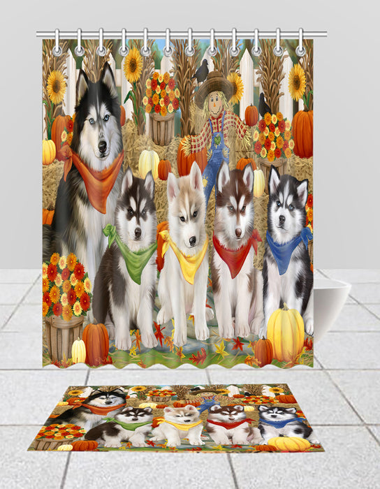 Fall Festive Harvest Time Gathering Siberian Husky Dogs Bath Mat and Shower Curtain Combo
