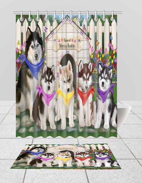 Spring Dog House Siberian Husky Dogs Bath Mat and Shower Curtain Combo
