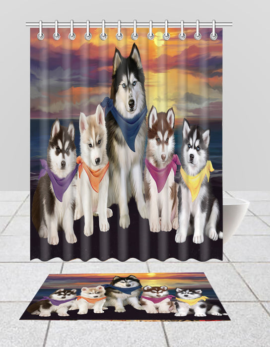 Family Sunset Portrait Siberian Husky Dogs Bath Mat and Shower Curtain Combo