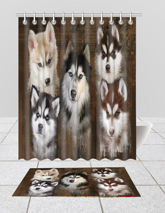 Rustic Siberian Husky Dogs  Bath Mat and Shower Curtain Combo