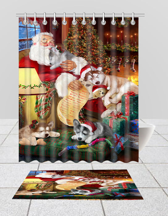 Santa Sleeping with Siberian Husky Dogs  Bath Mat and Shower Curtain Combo