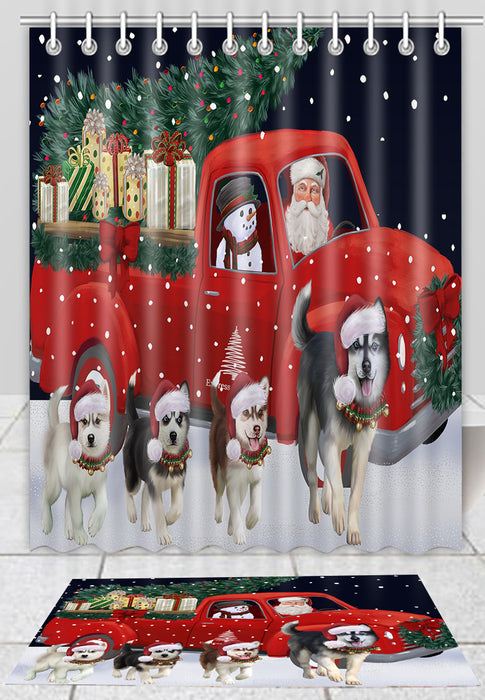 Christmas Express Delivery Red Truck Running Siberian Husky Dogs Bath Mat and Shower Curtain Combo