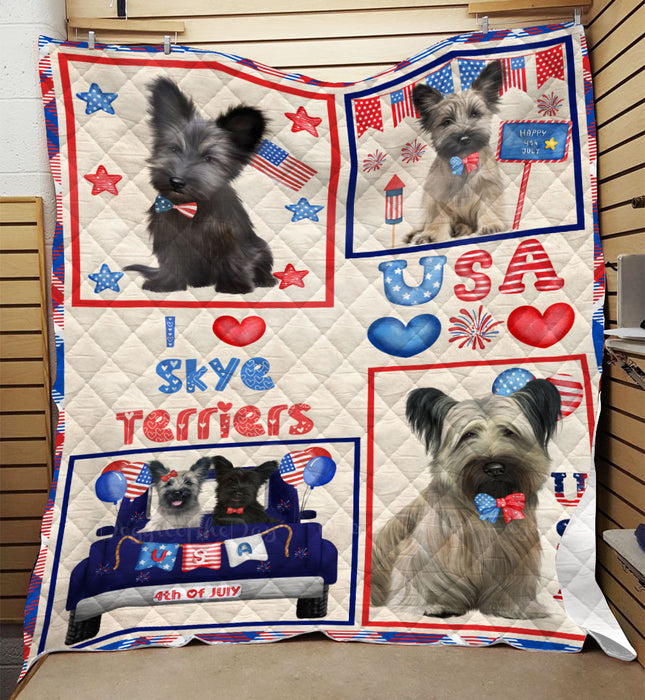 4th of July Independence Day I Love USA Skye Terrier Dogs Quilt Bed Coverlet Bedspread - Pets Comforter Unique One-side Animal Printing - Soft Lightweight Durable Washable Polyester Quilt