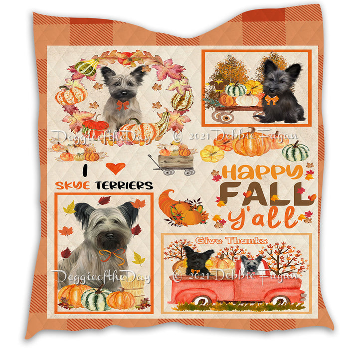 Happy Fall Y'all Pumpkin Skye Terrier Dogs Quilt Bed Coverlet Bedspread - Pets Comforter Unique One-side Animal Printing - Soft Lightweight Durable Washable Polyester Quilt