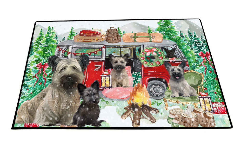 Christmas Time Camping with Skye Terrier Dogs Floor Mat- Anti-Slip Pet Door Mat Indoor Outdoor Front Rug Mats for Home Outside Entrance Pets Portrait Unique Rug Washable Premium Quality Mat
