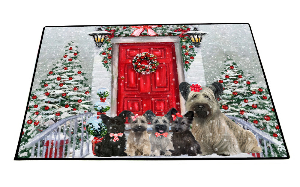 Christmas Holiday Welcome Skye Terrier Dogs Floor Mat- Anti-Slip Pet Door Mat Indoor Outdoor Front Rug Mats for Home Outside Entrance Pets Portrait Unique Rug Washable Premium Quality Mat