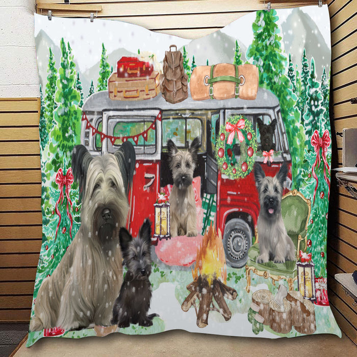 Christmas Time Camping with Skye Terrier Dogs  Quilt Bed Coverlet Bedspread - Pets Comforter Unique One-side Animal Printing - Soft Lightweight Durable Washable Polyester Quilt