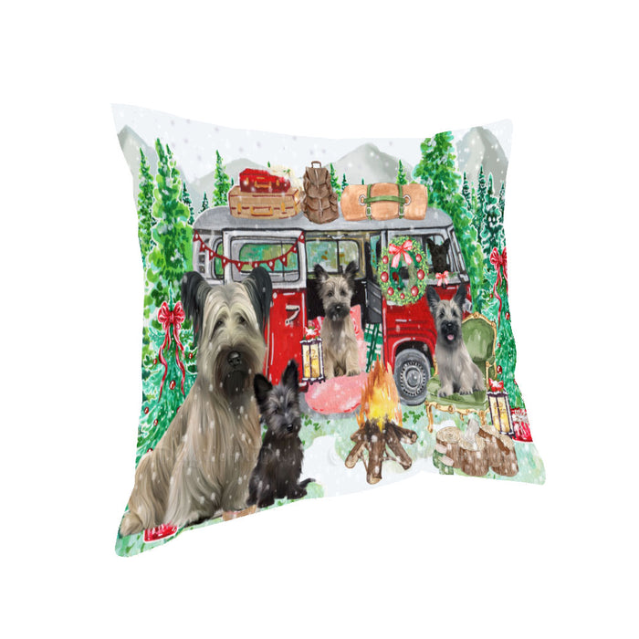 Christmas Time Camping with Skye Terrier Dogs Pillow with Top Quality High-Resolution Images - Ultra Soft Pet Pillows for Sleeping - Reversible & Comfort - Ideal Gift for Dog Lover - Cushion for Sofa Couch Bed - 100% Polyester