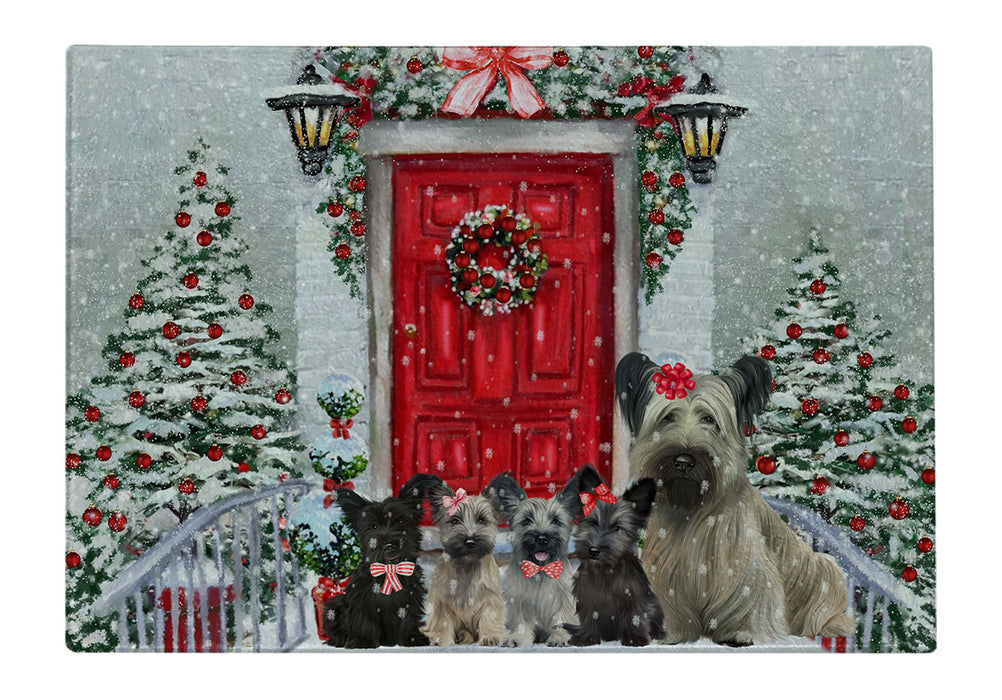 Christmas Holiday Welcome Skye Terrier Dogs Cutting Board - For Kitchen - Scratch & Stain Resistant - Designed To Stay In Place - Easy To Clean By Hand - Perfect for Chopping Meats, Vegetables