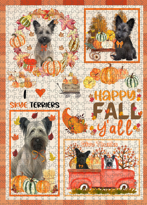 Happy Fall Y'all Pumpkin Skye Terrier Dogs Portrait Jigsaw Puzzle for Adults Animal Interlocking Puzzle Game Unique Gift for Dog Lover's with Metal Tin Box