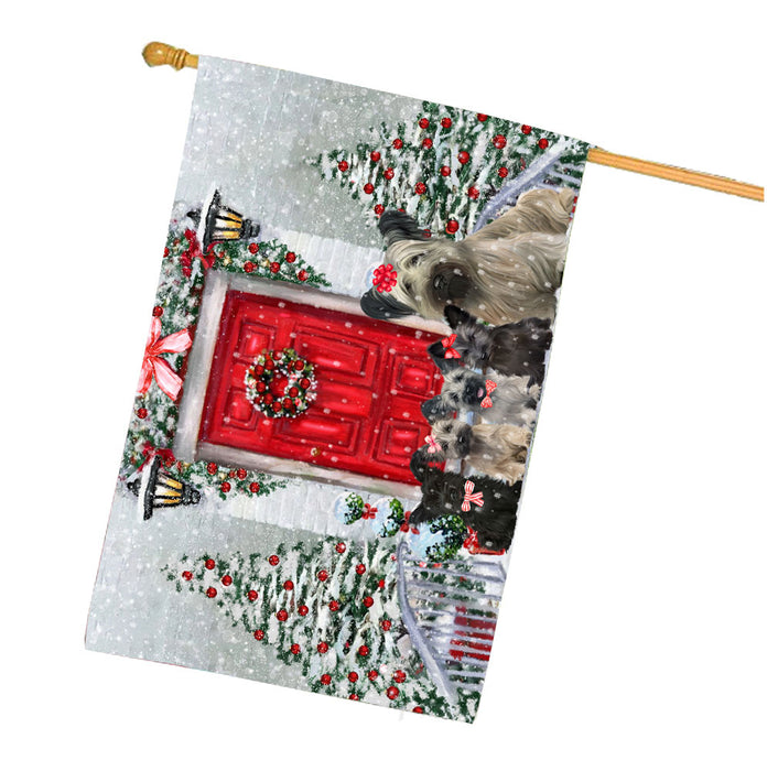 Christmas Holiday Welcome Skye Terrier Dogs House Flag Outdoor Decorative Double Sided Pet Portrait Weather Resistant Premium Quality Animal Printed Home Decorative Flags 100% Polyester