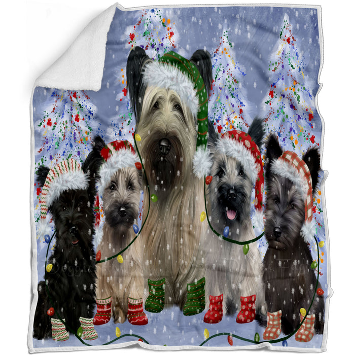 Christmas Lights and Skye Terrier Dogs Blanket - Lightweight Soft Cozy and Durable Bed Blanket - Animal Theme Fuzzy Blanket for Sofa Couch