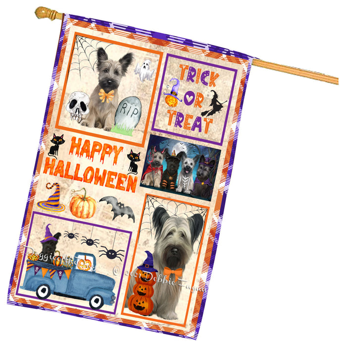Happy Halloween Trick or Treat Skye Terrier Dogs House Flag Outdoor Decorative Double Sided Pet Portrait Weather Resistant Premium Quality Animal Printed Home Decorative Flags 100% Polyester
