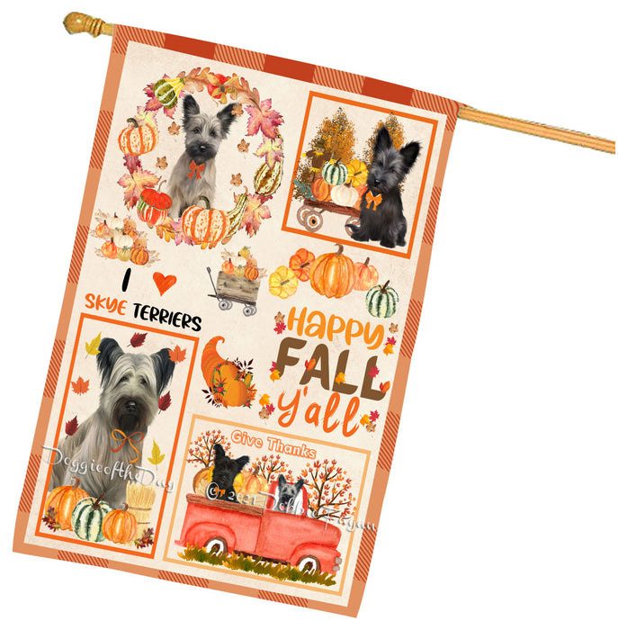 Happy Fall Y'all Pumpkin Skye Terrier Dogs House Flag Outdoor Decorative Double Sided Pet Portrait Weather Resistant Premium Quality Animal Printed Home Decorative Flags 100% Polyester