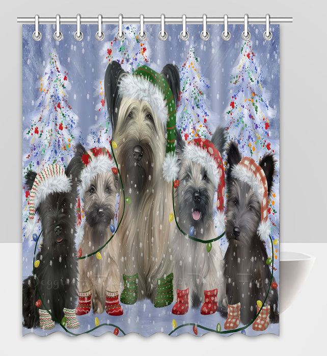 Christmas Lights and Skye Terrier Dogs Shower Curtain Pet Painting Bathtub Curtain Waterproof Polyester One-Side Printing Decor Bath Tub Curtain for Bathroom with Hooks