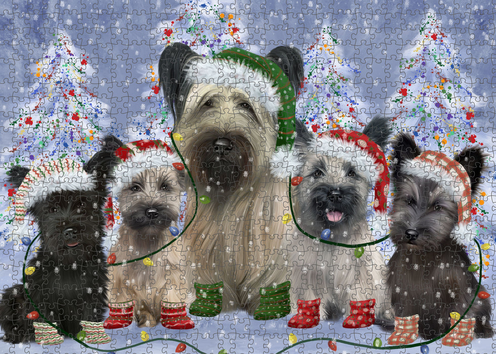 Christmas Lights and Skye Terrier Dogs Portrait Jigsaw Puzzle for Adults Animal Interlocking Puzzle Game Unique Gift for Dog Lover's with Metal Tin Box