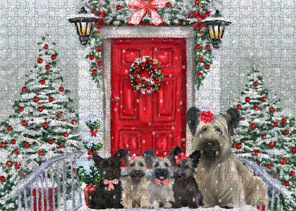 Christmas Holiday Welcome Skye Terrier Dogs Portrait Jigsaw Puzzle for Adults Animal Interlocking Puzzle Game Unique Gift for Dog Lover's with Metal Tin Box