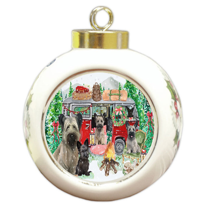 Christmas Time Camping with Skye Terrier Dogs Round Ball Christmas Ornament Pet Decorative Hanging Ornaments for Christmas X-mas Tree Decorations - 3" Round Ceramic Ornament