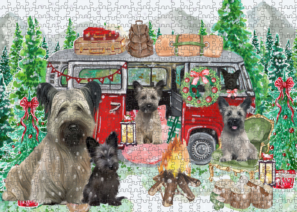 Christmas Time Camping with Skye Terrier Dogs Portrait Jigsaw Puzzle for Adults Animal Interlocking Puzzle Game Unique Gift for Dog Lover's with Metal Tin Box