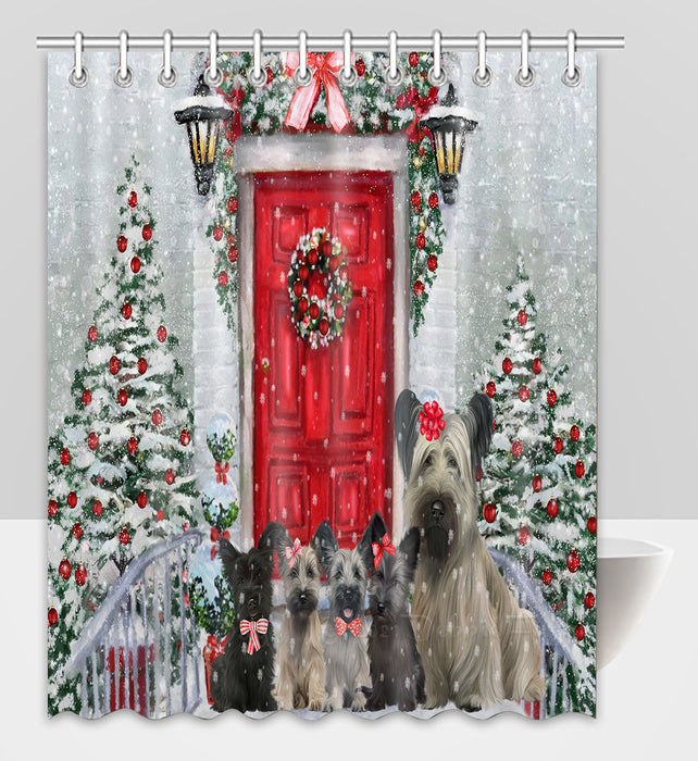 Christmas Holiday Welcome Skye Terrier Dogs Shower Curtain Pet Painting Bathtub Curtain Waterproof Polyester One-Side Printing Decor Bath Tub Curtain for Bathroom with Hooks