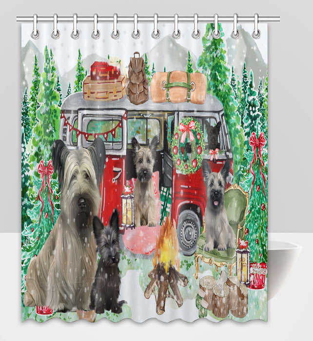Christmas Time Camping with Skye Terrier Dogs Shower Curtain Pet Painting Bathtub Curtain Waterproof Polyester One-Side Printing Decor Bath Tub Curtain for Bathroom with Hooks