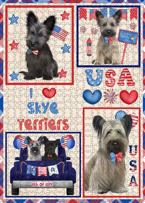4th of July Independence Day I Love USA Skye Terrier Dogs Portrait Jigsaw Puzzle for Adults Animal Interlocking Puzzle Game Unique Gift for Dog Lover's with Metal Tin Box