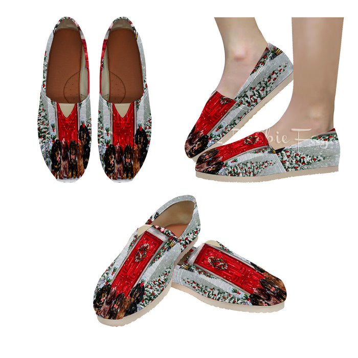 Christmas Holiday Welcome Red Door Dachshund Dog on Unisex Classic Canvas Slip-On Shoes