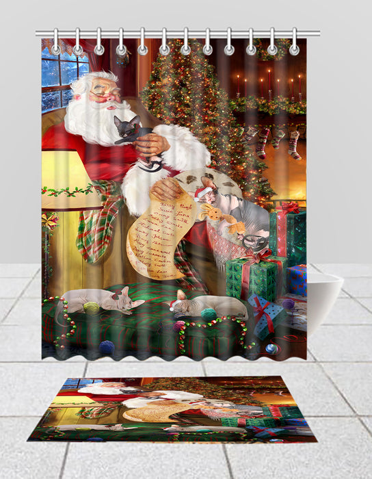 Santa Sleeping with Sphynx Cats  Bath Mat and Shower Curtain Combo