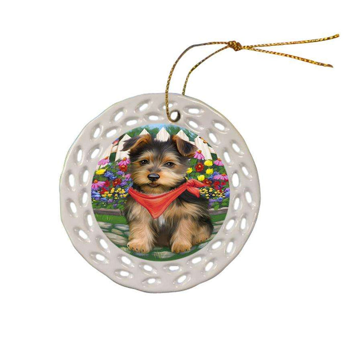 Spring Floral Australian Terrier Dog Ceramic Doily Ornament DPOR52231